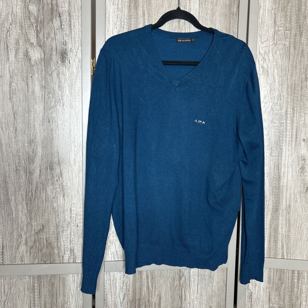 Mise Au Green Sweater Size L Pullover V Neckline Bamboo Blue Color